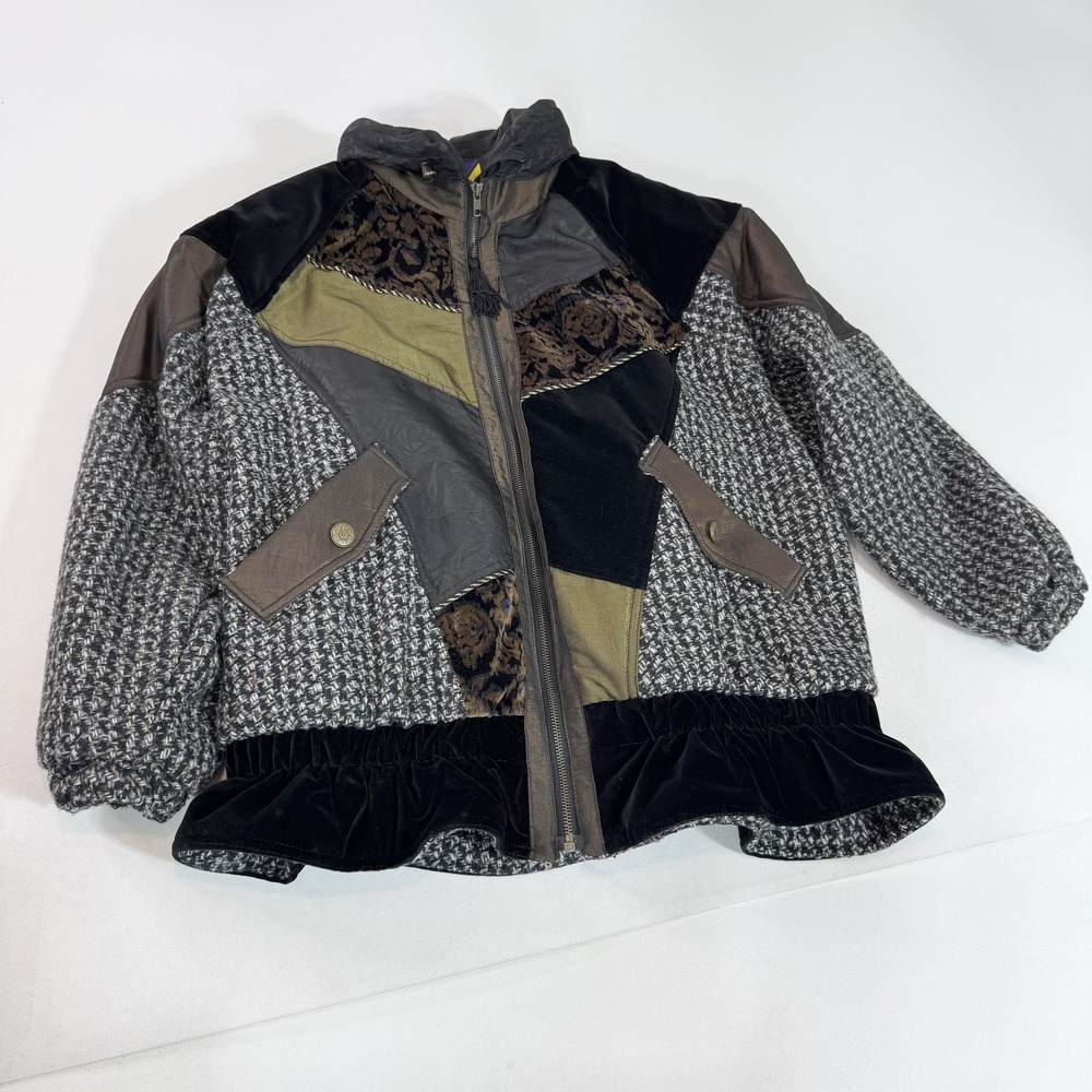 Vintage Komitor Jacket Womens 16W Gray Patchwork Hooded Bomber Elastic Waist 80s